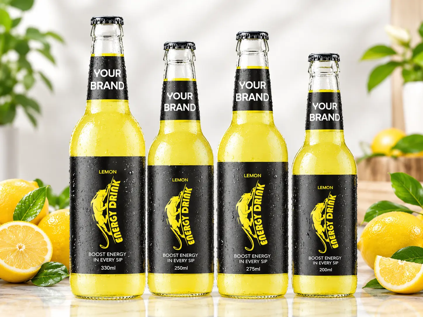 ENERGY DRINK Lemon flavour in 330ml, 250ml, 275ml and 200ml glass bottles.